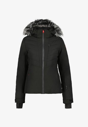 Chaqueta negra aislante con capucha con borde de piel, cierre de cremallera, paneles acolchados en diagonal y puños ajustables, con acentos de hardware en rojo.