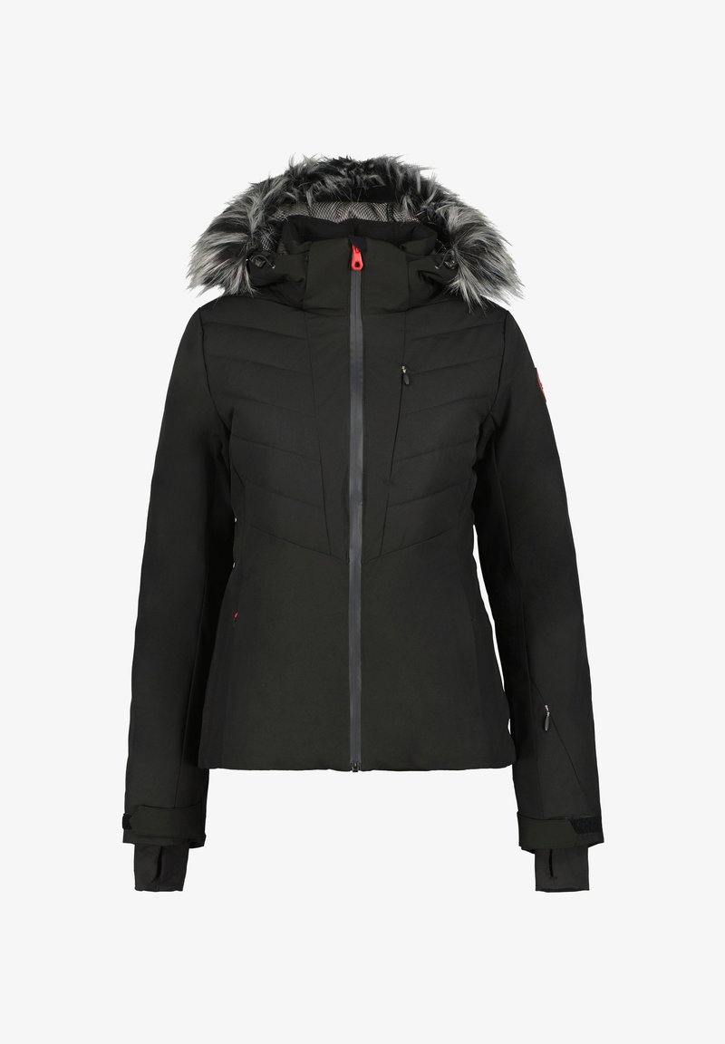 Schwarze isolierte Jacke mit Kapuze aus Kunstpelzbesatz, Reißverschluss, diagonal gesteppten Einsätzen und verstellbaren Manschetten, ausgestattet mit roten Hardware-Elementen.