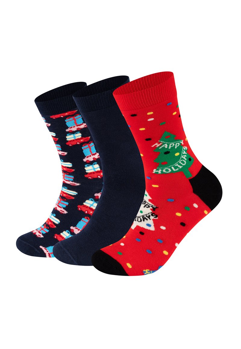 Tři páry ponožek: jedny červené s vánočním stromečkem a nápisem 'Veselé svátky', jedny tmavě modré s motivem dárků a jedny jednobarevné tmavě modré. Směs bavlny.