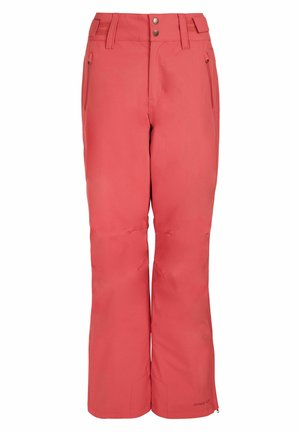 Rote wasserdichte Skihosen mit geradem Schnitt, ausgestattet mit zwei seitlichen Taschen und Knopfverschluss. Glatte Textur und minimalistische Designelemente.