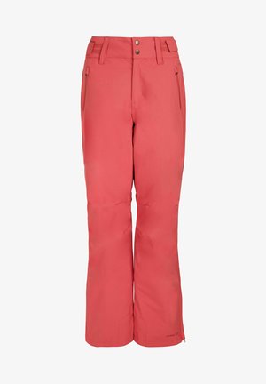 Rode waterdichte skibroek met een rechte pasvorm, voorzien van twee zijzakken en een knoopsluiting. Gladde textuur en minimalistische designdetails.