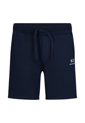 Marineblauwe katoenen shorts met een elastische tailleband en trekkoord, met de geborduurde tekst "R/D Retour D’Été" in het wit.