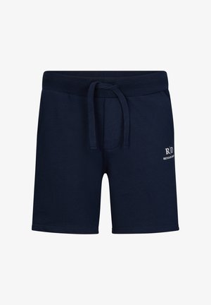 Pantaloni corti in cotone blu navy con waistband elastico e cordino, con la scritta "R/D Retour D’Été" ricamata in bianco.