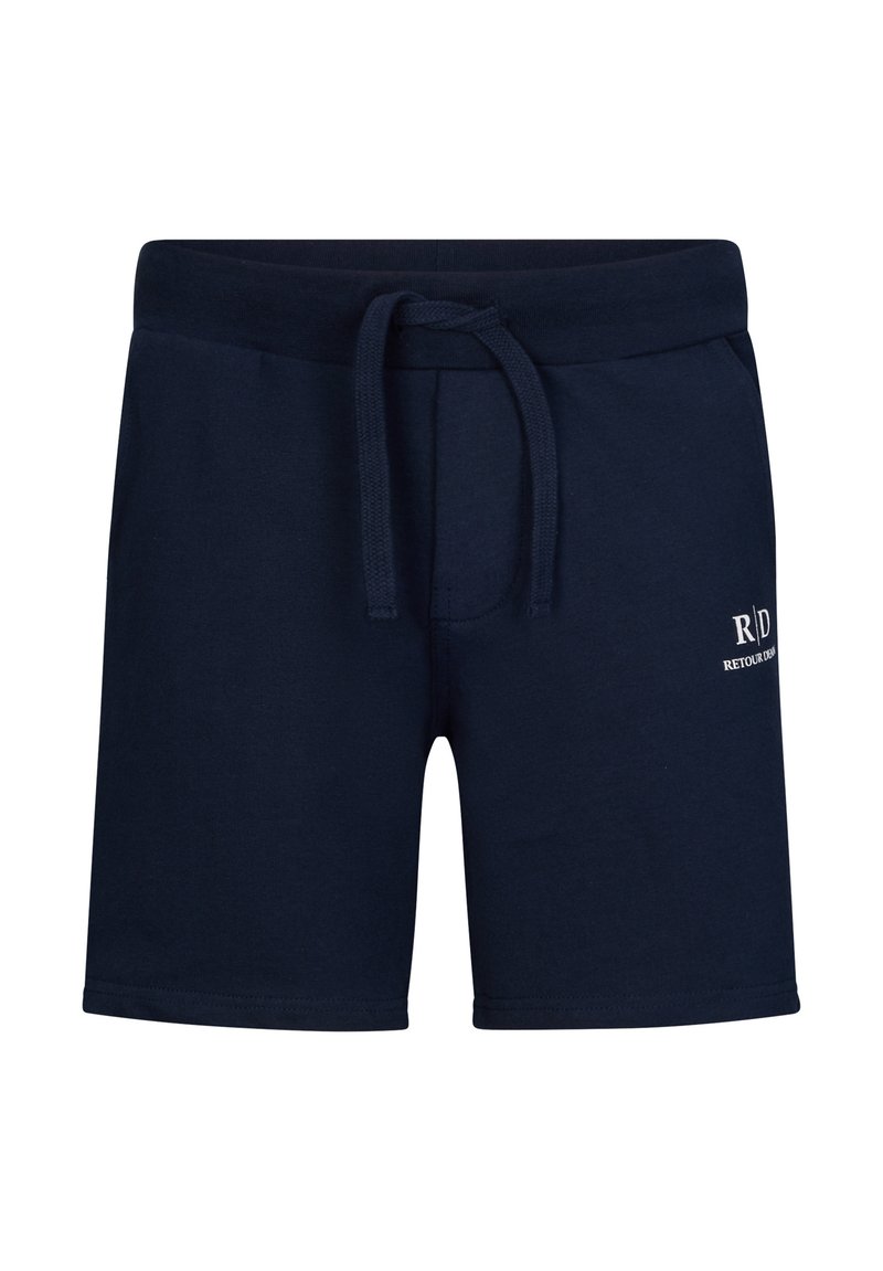 Pantaloni corti in cotone blu navy con waistband elastico e cordino, con la scritta "R/D Retour D’Été" ricamata in bianco.