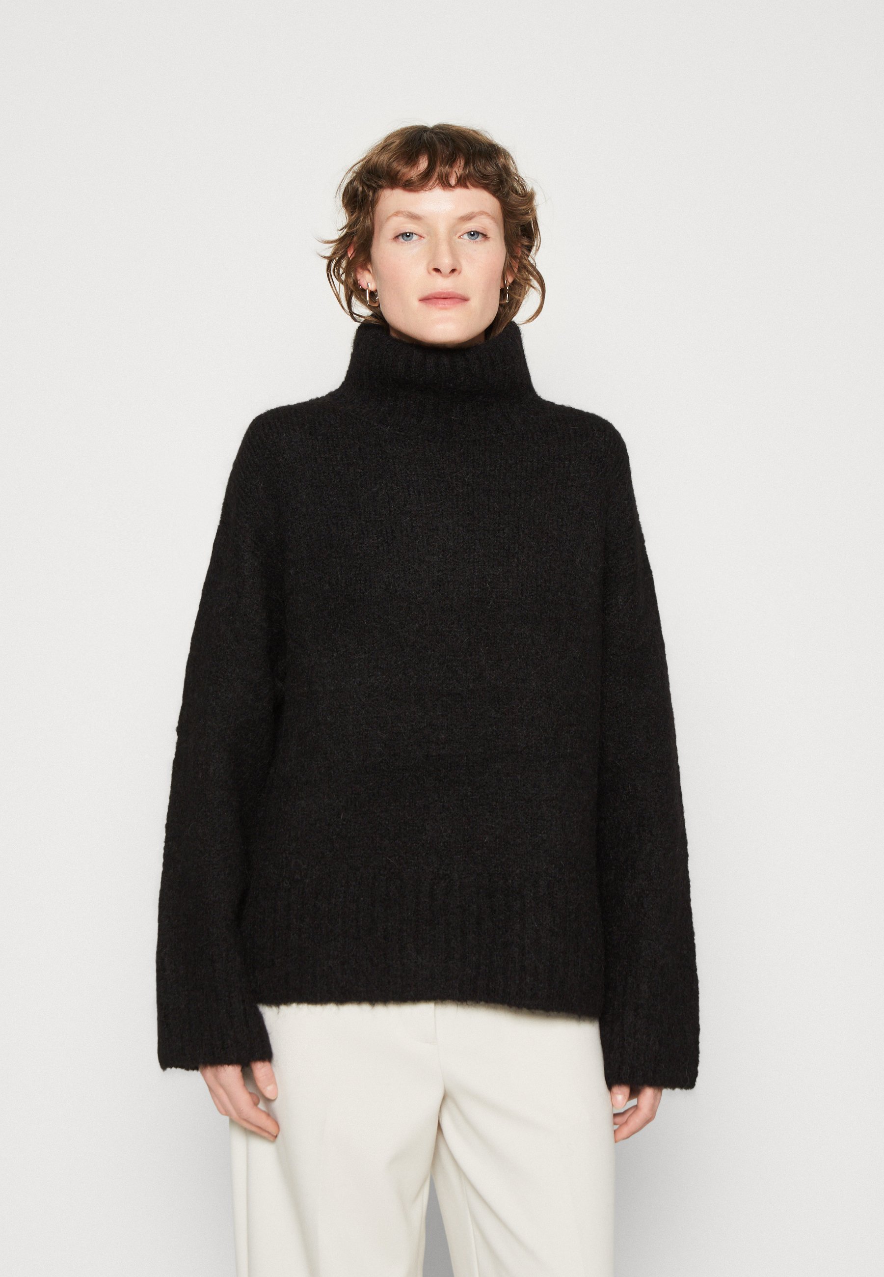 Cappotto Nero Con Dettaglio Pelliccia Per Donna | Maglione A Collo Alto Mezza Stagione | Felpa Lunga In Maglia | Top Invernale E Primaverile | Materiale Poliestere Morbido