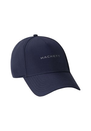 Gorra de béisbol azul marino con visera curva y texto del logo "Hackett" centrado en el panel frontal.