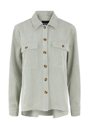 Lysegrå kordfløjlsskjorte med knapper, lange ærmer, to knaplukningslommer ved brystet og en klassisk krave.