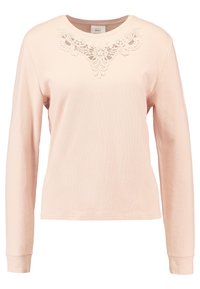 Długo rękawowa, jasnoróżowa koszula z okrągłym dekoltem i koronkowymi detalami na piersi. Miękka tekstura, regularny krój i prążkowane mankiety.