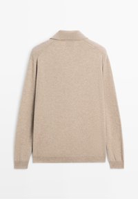 Beige long-sleeve knit sweater with a collar, ribbed cuffs, and hem, shown from the back on a white background.