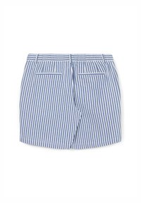 Gestreifte blau-weiße Shorts mit zwei Gesäßtaschen, tailliertem Design, standardmäßigem Bund und sichtbaren Nähdetails.