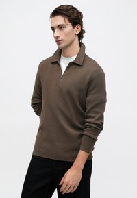 Pulóver de punto marrón con cuello de cremallera, puños acanalados y un ajuste relajado, usado sobre una camiseta blanca. Textura suave, diseño sencillo.