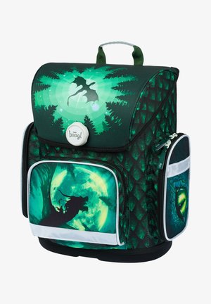 Plecak o ciemnozielonym zewnętrzu ozdobionym motywami smoków, teksturowanymi łuskami i logo. Posiada zamykane kieszenie oraz uchwyt do noszenia.