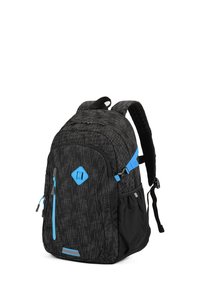Schwarzer Rucksack mit einem geometrischen Muster, blauen Akzenten, mehreren Fächern, gepolsterten Schultergurten und einem seitlichen Flaschenhalter.