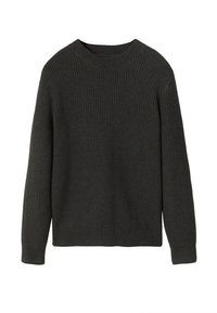 Dunkelgrauer gerippter Strickpullover mit langen Ärmeln und Rundhalsausschnitt. Besitzt eine strukturierte Oberfläche und eine lockere Passform.