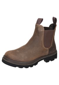 Bottines en cuir marron avec des panneaux latéraux élastiques, un bout arrondi et une semelle en caoutchouc texturée avec un profond crampon pour une meilleure adhérence.
