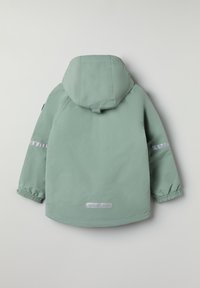 Vihreä huppari, jossa on joustavat hihansuut, heijastavat yksityiskohdat hihoissa ja sileä pinta. Takakuvassa on minimalistinen muotoilu.