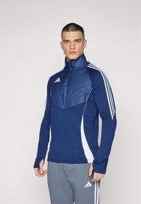 Marineblauer Sportpullover mit hohem Kragen, ausgestattet mit einem gesteppten Brustpaneel, weißen Seitenstreifen und langen Ärmeln. Hergestellt aus atmungsaktivem Material.