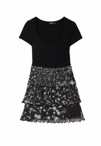 Musta ribbed bodice -mekko lyhyillä hihoilla, kerroksellinen pleaserkilpihame musta-harmaassa kukkakuosissa, jossa on pehmeä rakenne ja virtaavat kerrokset.