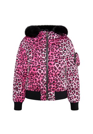 Padded Jacke mit pinkem Leopardenmuster, ausgestattet mit einer Kapuze aus schwarzem, fellgefüttertem Material, einem Reißverschluss, elastischen Bündchen und einer seitlichen Reißverschlusstasche.