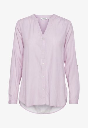 Long-sleeved, button-down shirt in light pink with white stripes. Features a notch collar, rounded hem, and single-button cuffs.