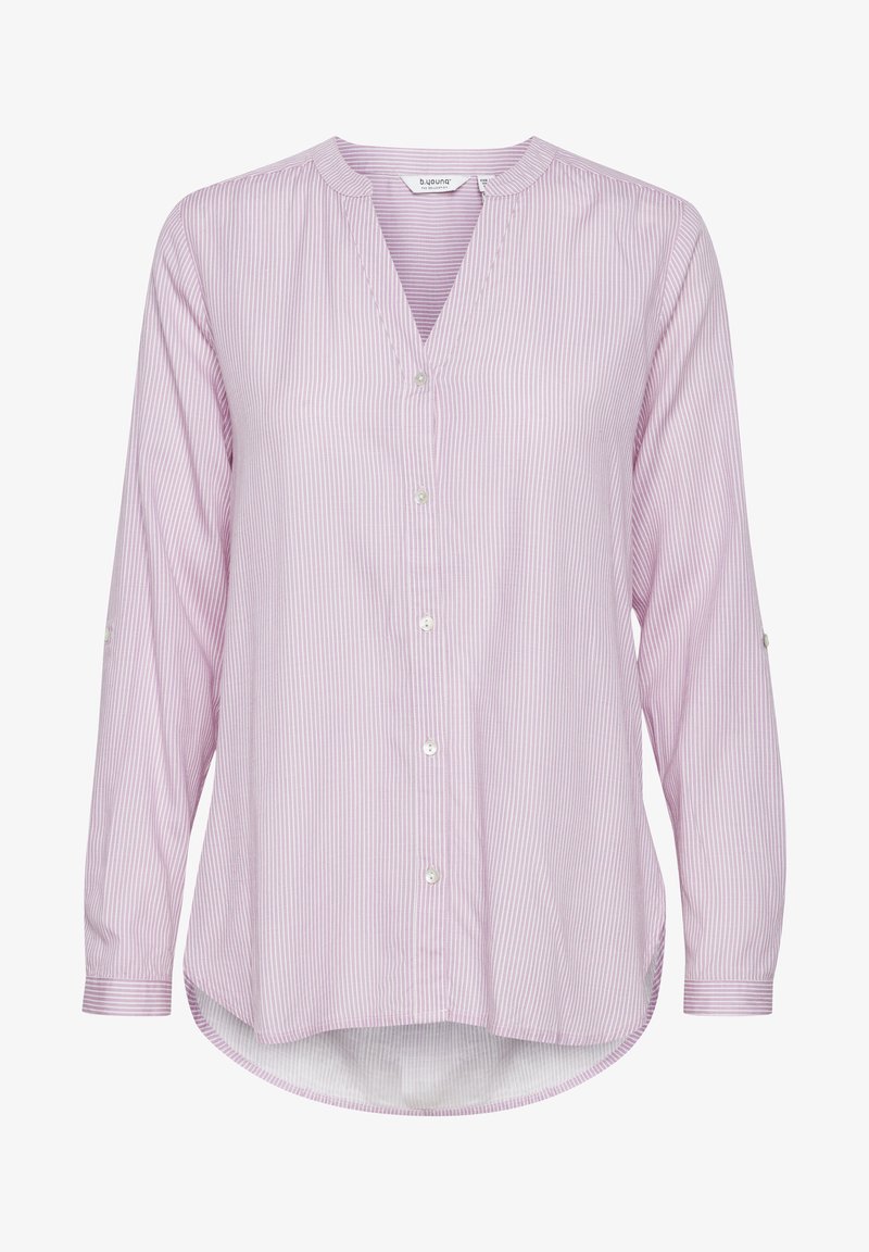 Long-sleeved, button-down shirt in light pink with white stripes. Features a notch collar, rounded hem, and single-button cuffs.