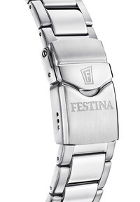 Nerezová oceľová hodinková náramok s leštenými a brúsenými článkami. Súčasťou je kovový spona vyrytý s nápisom "FESTINA." Elegantný, obdĺžnikový dizajn.