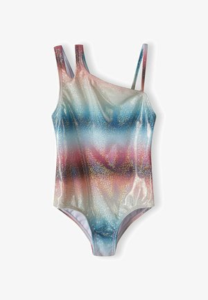 Pusē pleca peldkostīms no spīdīgas, varavīksnes krāsas auduma ar horizontālām svītrām zilā, rozā un baltā krāsā. Gluda tekstūra ar minimālu šuvju daudzumu.