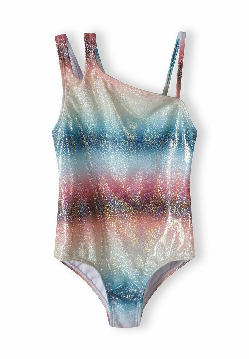 Costume da bagno monospalla in tessuto lucido e iridescente con strisce orizzontali di blu, rosa e bianco. Texture liscia con cuciture minime.