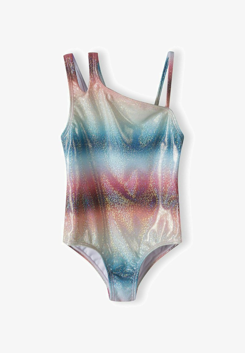 Eén-schouder badpak van glanzende, iriserende stof met horizontale strepen in blauw, roze en wit. Soepele textuur met minimale naden.