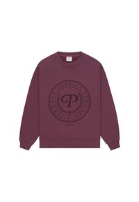 Sudadera de cuello redondo burdeos con un logotipo circular negro de "Universidad de la Mediocridad" acompañado de acentos de laureles en la parte frontal.