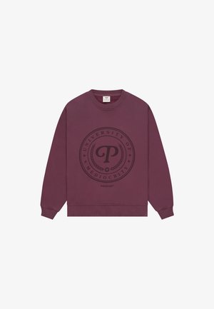 Burgundy crewneck sweatshirt featuring a black circular "University of Mediocrity" logo with laurel accents on the front.