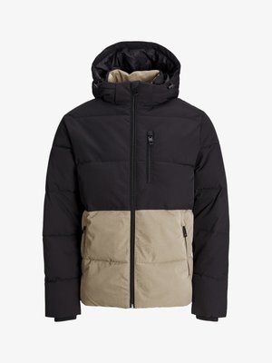 Polstret jakke med en svart øverste del og en beige nederste del. Har hette, frontglidelås og sidelommer. Strukturert stoff.