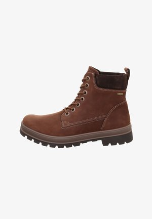 Braune Lederstiefel mit Schnürung, gepolstertem Kragen und robustem Gummisohle. Mit Nähtelementen und strukturierter Oberfläche.