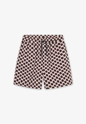 Pantaloncini da nuoto corti con cintura elastica, caratterizzati da un motivo a pois nero e rosso su uno sfondo chiaro, con un cordoncino per la regolazione.