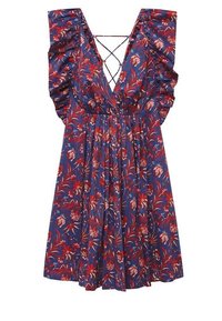 Dunkelblaues Blumendruckkleid mit roten und weißen Akzenten, V-Ausschnitt, schulterfreie Rüschensleeves und gekreuztem Rückendesign. Kurzes Kleid.
