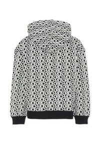 Felpa con cappuccio nera e bianca con motivo di testo su tutta la superficie. Presenta polsini e orlo a costine per una vestibilità aderente. Tessuto morbido.