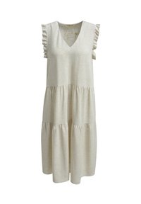 Hellbeiges Baumwollkleid mit V-Ausschnitt, Rüschensleeves, einem gestuften Design und einer weichen Textur. Mit "Beach Freedom" eingestickt innen.