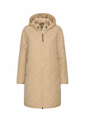 Beige quiltet frakke med hætte, der har en frontlynlås og sidelommer. Glat tekstur med diamantmønster og lange ærmer.