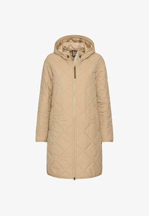 Beige quilted coat with a hood, featuring a front zipper and side pockets. Smooth texture with a diamond pattern and long sleeves.