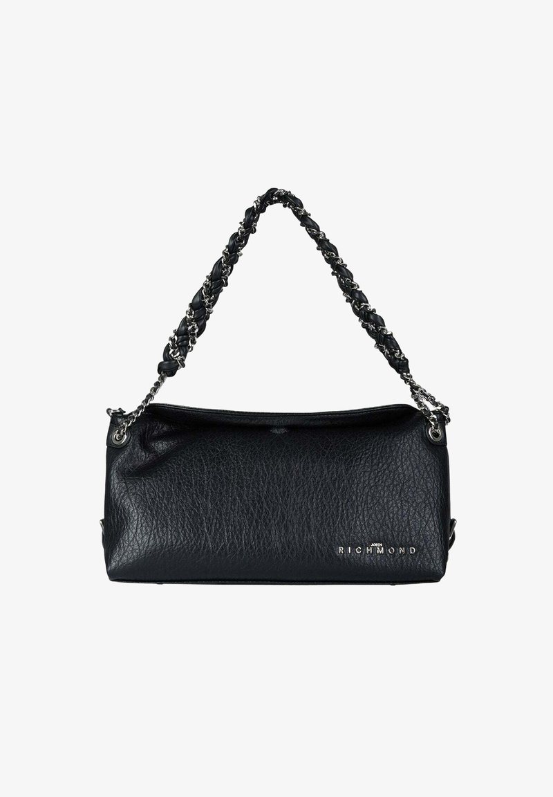 Borsa nera in pelle con finitura texturizzata, manico a catena e intrecciato, e dettagli in metallo argentato; presenta la scritta "RICHMOND".
