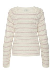 Pull en maille crème avec des rayures horizontales rose clair et des manches longues, vu de dos.