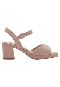 Rožinės spalvos nubuko atviro piršto basutės su bloko formos kulnu, reguliuojamu kulkšnies dirželiu ir paminkštinta padu.