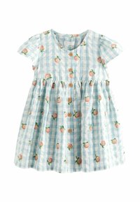 Bavlněné šaty s krátkými rukávy, světle modrá kostkovaná vzor, broskvový květinový potisk, knoflíková léga a detail s řaseným pasem.