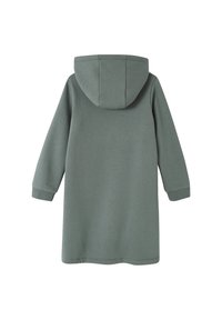 Langärmliges, kapuzenförmiges Kleid in gedämpftem Grün, schlichtes Design, gerippte Ärmelbündchen und ein gerader Saum, von hinten vor einem weißen Hintergrund gezeigt.