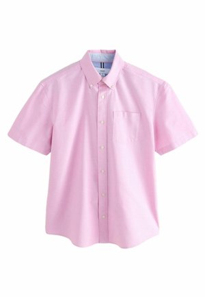 Kurzärmliges, knöpfbares Hemd aus leichtem rosa Baumwollstoff mit pocket auf der linken Seite und einem Kragen. Mit einem gestreiften Innenkragen.