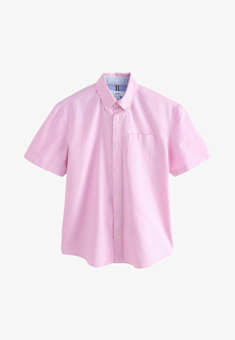 Camicetta a maniche corte, con bottoni, in cotone rosa chiaro, con tasca sul lato sinistro e colletto. Presenta un collo interno a righe.