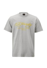 Grijze katoenen T-shirt met korte mouwen, voorzien van gele tekst "Ed Hardy 829 melrose, los angeles, california" in gestileerde schrift.
