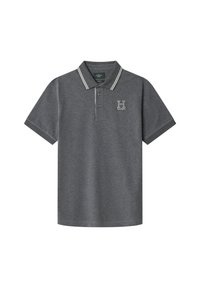 Pilkos spalvos polo marškiniai su klasikiniu apykakle, dviem mygtukais ir baltais juostelėmis ant apykaklės ir rankovių. Išsiuvinėtas "H" logotipas krūtinėje.