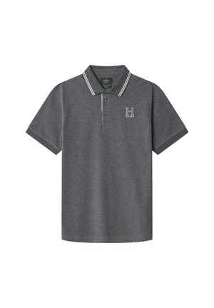 Gray polo shirt with a classic collar, two buttons, and white striped accents on the collar and sleeves. Embroidered "H" logo on the chest.