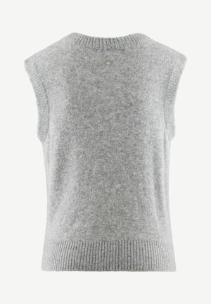Grijze wollen mouwloze pullover met ribbelboord bij de hals en onderrand. De textuur is zacht en licht fluffy, zonder zichtbare sluitingen of patronen.